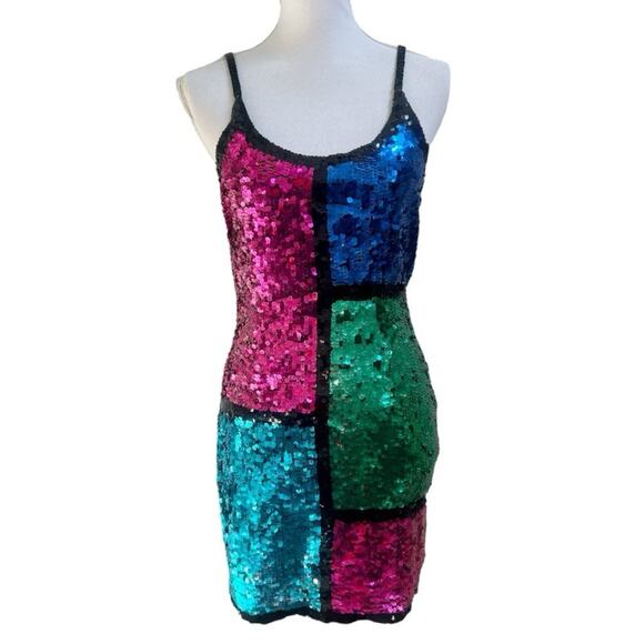 A.J. Bari Vtg Multicolor Colorblock Sequin Tank Dress 4 Festival Cocktail Party - Picture 1 of 10
